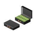 Open portfolio with money, suitcase with money, gold coin and cash in open case isometric. Vector illustration.